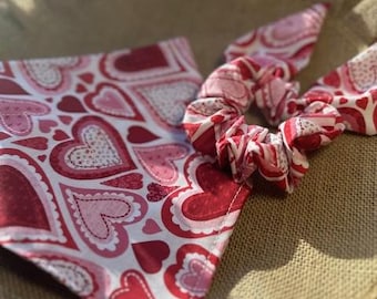 Valentine Dog Bandana/Valentine's Hearts Bandana with Matching Hair Scrunchie/ Heart Bandana for Pet/Cat /Over the Collar or Tie On bandana