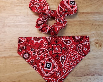 Red handkerchief Dog Bandana with Matching Face Mask and Hair Scrunchie/Over Collar or Tie On Bandana/Pet Bandana/Matching Set/Gift Set