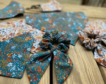 Fall Dog Bandana/Fall leaves on Teal or Beige Background with Matching Face Mask and Hair Scrunchie/Over Collar or Tie On Bandana/Pet/Cat