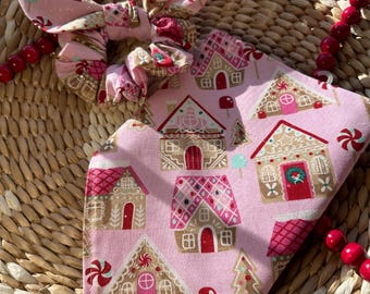 Christmas Dog Bandana/Pink with Cute Gingerbread houses/Dog, Cat, Pet Bandana/Matching Hair Scrunchie, Tie on Or Over the Collar Bandana