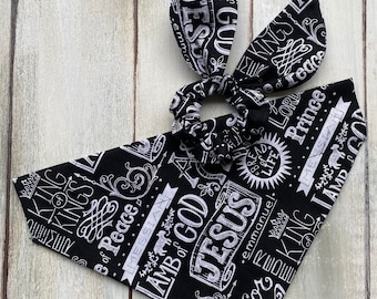 CHRISTIAN DOG BANDANA, (Over the Collar) Christian Fabric Black with writing/Pet Bandana//Scrunchie/Gift for Lady or Pet Owner