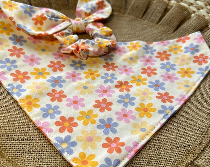 Featured listing image: Dog Bandana/Retro Floral Bandana with Matching Hair Scrunchie/Spring or Summer Bandana for Pet/Cat Bandana/Over the Collar or Tie On bandana