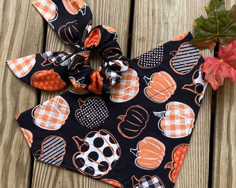 Fall Pumpkins Dog Bandana/Fall Dog Bandana with Matching Hair Scrunchie or Headband, Face Masks/Pet Bandana/Over Collar Bandana/Tie On