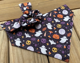 Halloween Dog Bandana/Ghosts, pumpkins, bats/Over the Collar or Tie ON Bandanas/ Cat Bandana/Halloween Bandana/matching Scrunchie & Headband