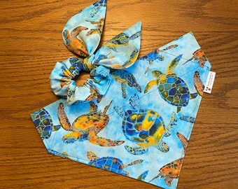 Swimming Turtles Dog Bandana with matching face mask and hair scrunchie/Over Collar or Tie On Bandana/Pet Bandana/Matching Set/Gift Set