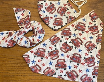 Patriotic Red Truck Dog Bandana with Matching Owner Face Mask and Hair Scrunchie/Over the Collar Bandana/ Tie On Bandana/Cat Bandana/Pets