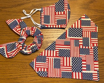 American Flag Dog Bandana with Matching Face Mask and Hair Scrunchie/Over Collar or Tie On Bandana/Pet Bandana/Matching Set/Gift Set/Bandana