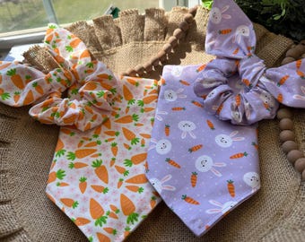 Easter Dog Bandana with matching hair scrunchie/Easter Bunnies on Plaid/over collar or tie on bandana/pet bandana/matching sets/Pet  gift/