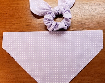 Lavender Polka Dot Dog Bandana with Matching Owner Face Mask and Hair Scrunchie/Spring Dog Bandana/Match my Pet Set/Tie On bandana/Gift Set