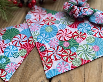 Peppermint Candies Dog Bandana/Christmas Tree Bandana/Over the collar or Tie On bandana/Matching Hair Scrunchie/Match my Dog bandana sets