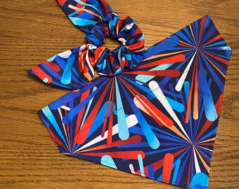 Red, White & Blue Star Bursts Dog Bandana, Matching Human Hair Scrunchie/Pet Bandana/Over Collar or Tie On Bandana/Matching Set