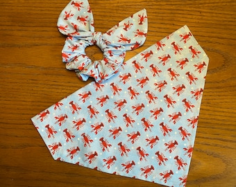 Lobster Time Dog Bandana with Matching Face Mask and Hair scrunchie/Over Collar Bandana/Tie On Bandana/Summer Dog Bandana/Matching sets/Pet