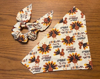 Thanksgiving Dog Bandana/ Gobble til you Wobble Dog Bandana/ Pet Bandana with Matching Hair Scrunchie and Face Mask/Cat bandana/Matching SET