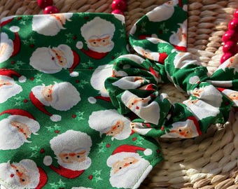 Christmas Dog Bandana/Santa Dog Bandana/ Green with Santa Bandana/Dog, Cat, Pet Bandana/Matching Hair Scrunchie