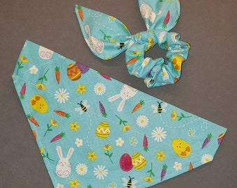 Easter Dog Bandana/Cute Blue with Bunnies, chicks Easter Dog or Pet bandana set, Matching Face Mask  Hair Scrunchie, Over collar or Tie ON