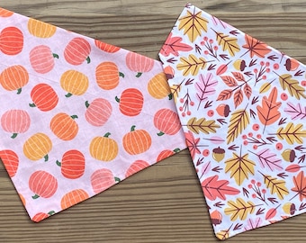 Fall Dog Bandana/White with Fall Leaves Dog/Blush with Pumpkins/Pet Bandana/Matching Sets Hair Scrunchie /over collar or Tie On bandana