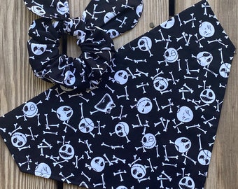 Skeleton  Dog Bandana with Matching Hair Scrunchie or Face Mask/Pet Bandana/Halloween Bandana Sets/Over the Collar/ Tie On Bandana