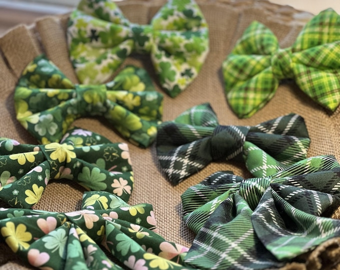 Featured listing image: St. Patrick's Dog Bow Ties/ Sailor Bow/ Green Plaid Bow/ Clover Bow Tie/Shamrock Bow/Slide on Collar Bow/Pet Bow