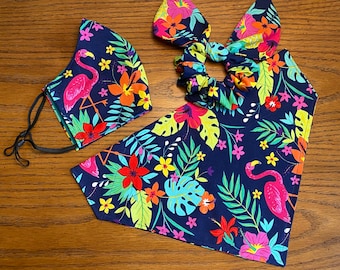 Tropical Dog Bandana with Matching Face Mask and Hair Scrunchie/over the collar bandana/tie on bandana/Matching sets/Cat Bandana/summer set