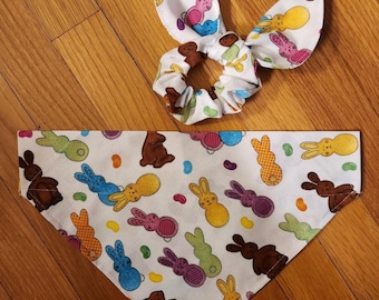 Easter Dog Bandana/Easter bunnies, jelly beans, chocolate bunnies/ pet bandana/cat bandana/matching hair scrunchie