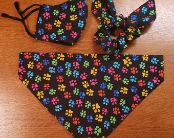 Colorful Paw Print Dog Bandana with Matching Face Mask and Hair Scrunchie/Tie On Bandana/Over the Collar Bandana/OwnerPet Sets/Match My Dog