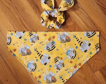 Dog Bandana/Pet Bandana/Bee Gnome Bandana/Over the Collar or Tie ON Bandana set with Matching Hair Scrunchie/Summer Gnomes/Cat Bandana