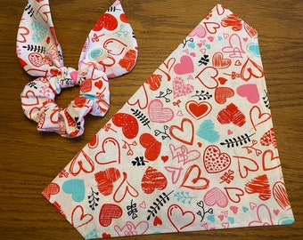 Valentine's Day Dog Bandana// with Matching Face Mask and Hair Scrunchie/Tie on and Collar Bandana/Matching Dog and Owner Sets/Pretty Hearts