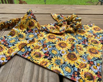 Fall Sunflower Dog Bandana with Matching Hair Scrunchie or Headband/Over Collar Bandana/Tie On Bandana/Matching Set/