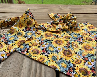 Fall Sunflower Dog Bandana with Matching Hair Scrunchie or Headband/Over Collar Bandana/Tie On Bandana/Matching Set/