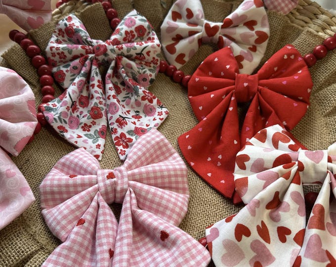Featured listing image: Valentine Dog Bow, Sailor Bows, Gingham, Floral, Heart Bows, Slide on Collar Bows and Sailor Bows, Dog Bows, Valentine's Day Bows