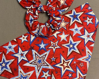 Red with Stars Dog Bandana, Matching Face Mask, Hair Scrunchie, Over the Collar Bandana, Tie on Dog Bandana, Pet Bandana, Cat Bandana, Sets