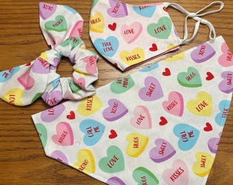 Valentine's Dog Bandana, Matching Hair Scrunchie and Face Mask/Conversation heart Pet Bandana/Over the Collar or Tie On /Matching Set