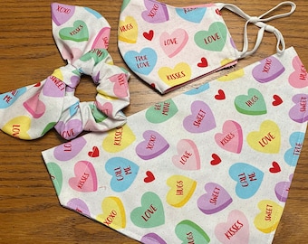 Valentine's Dog Bandana, Matching Hair Scrunchie and Face Mask/Conversation heart Pet Bandana/Over the Collar or Tie On /Matching Set