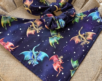 Dog Bandana/Dragon Bandana with Matching Hair Scrunchie/Everyday Bandana for Pet/Cat Bandana/Over the Collar or Tie On bandana/Dragon