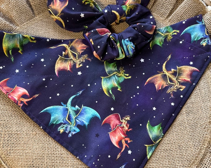 Featured listing image: Dog Bandana/Dragon Bandana with Matching Hair Scrunchie/Everyday Bandana for Pet/Cat Bandana/Over the Collar or Tie On bandana/Dragon