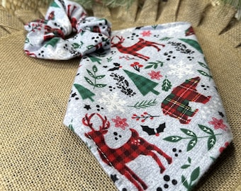 Rustic Christmas Dog Bandana/Soft Flannel woodland animals/with matching hair scrunchie/Over the Collar or Tie On bandana