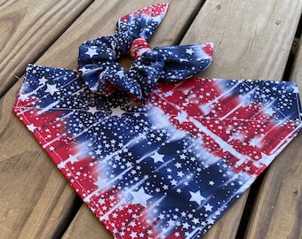 Patriotic Dog Bandana/Red, White & Blue Tie Dye with Stars/Pet Bandana/Over the Collar or Tie ON Bandana/4th of July/Matching Hair Scrunchie