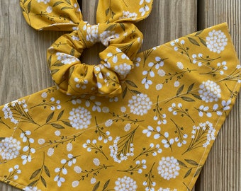 Mustard Fall Floral Dog Bandana with Matching Hair scrunchie and Face mask/Over Collar bandana/Tie on Bandana/ Pet Bandana/Mustard Floral