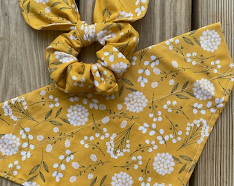 Mustard Fall Floral Dog Bandana with Matching Hair scrunchie and Face mask/Over Collar bandana/Tie on Bandana/ Pet Bandana/Mustard Floral