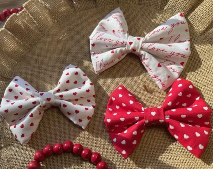 Featured listing image: Valentine Dog Bow, Sailor Bows, Heart Bows, Slide on Collar Bows and Sailor Bows, Dog Bows, Valentine's Day Bows, I Love You Bow