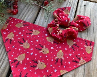 Christmas Dog Bandana/ Fun Reindeer Pet Bandana with Matching Face Mask and Hair Scrunchie/Over the Collar or Tie On Bandana/