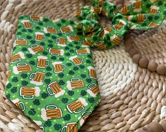 St Patrick's Day Dog Bandana/Beer Bandana with Matching Hair Scrunchie/Green Beer/Bandanas for Pet Bandana/Over the Collar or Tie On bandana