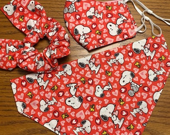 Valentine Dog Bandana with Matching Hair Scrunchie and Face Mask/Pet Bandana/Valentine's Day Bandana Set