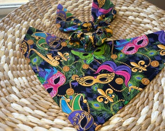 Mardi Gras Dog Bandana/Mardis Gras Bandana with Matching Hair Scrunchie/Bandanas for Pet/Cat Bandana/Over the Collar or Tie On bandana