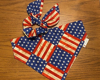 American Flag Dog Bandana, matching human Hair Scrunchie/Over the Collar or Tie On Bandana/Cat bandana/Matching Set/Pet Bandana