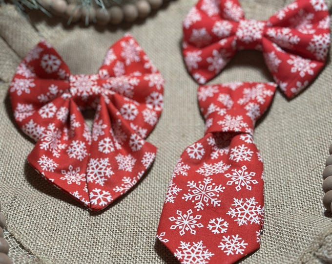 Featured listing image: Christmas Dog Bow, Sailor Bows, Bow Tie, Dog Tie, Snowflake Dog Bows, Slide on Collar with elastic, Dog Bows, Christmas Snowflake, Tie