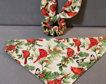 Pretty Christmas Bandana/ Cardinal Pet bandana/ Matching Hair Scrunchie and Face Mask/Over Collar or Tie ON Bandana/Matching Set/ Cat Bndana