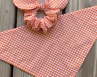 Orange Check Dog Bandana/LIGHTWEIGHT Gingham Dog, Pet Bandana/Cat Bandana/Over  Collar/Tie on Bandana/Matching Face Mask and Hair Scrunchie