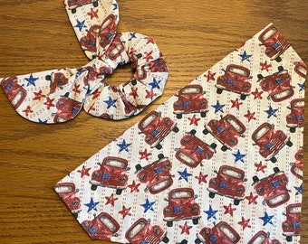 Patriotic Red Truck Dog Bandana, matching Hair Scrunchie/Over the Collar Bandana/ Tie On Bandana/Cat Bandana/Pets