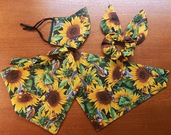 Sunflower Dog Bandana with Matching Face Mask and Hair Scrunchie/Tie On and over the collar bandana/matching sets/matching my pet sets/gift